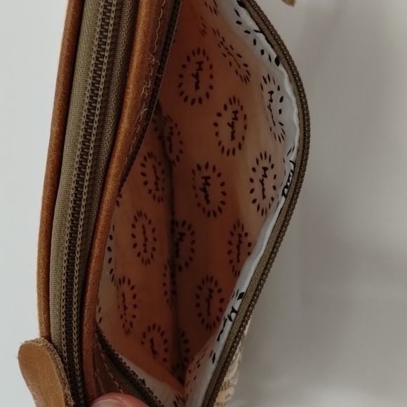 Myra Bag peach and brown large wristlet canvas/leather printed inside 9"x 7" - Picture 8 of 13